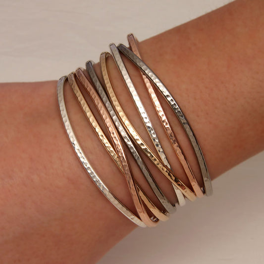 Thin Hammered Cuff Bracelets, Gold, Rose Gold, Silver, Niobium (350cur.350str.8)