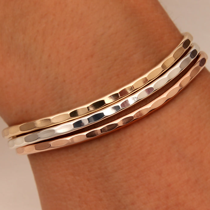 Thin Hammered Cuff Bracelets, Gold, Rose Gold, Silver (351.ygf.rgf.s.3)