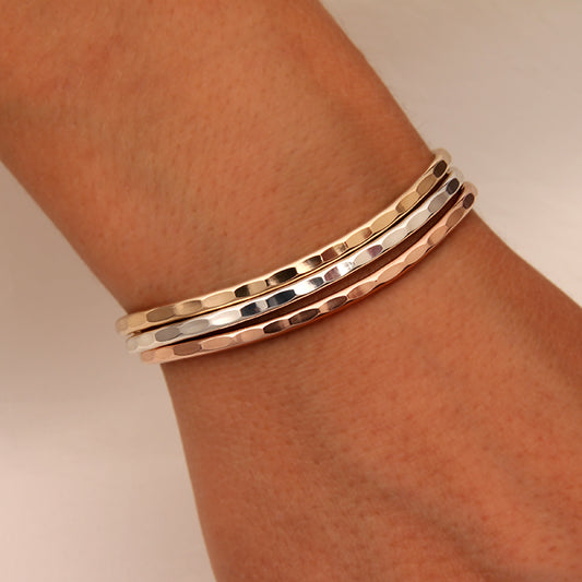 Thin Hammered Cuff Bracelets, Gold, Rose Gold, Silver (351.ygf.rgf.s.3)