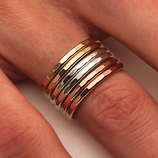 Set of Hammered Gold Rings, Sterling Silver, 14K Yellow and Rose Gold Filled (551.y.r.s.3)